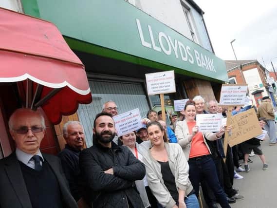 Protesters gather outside Clay Cross Lloyds. Picture: Anne Shelley.