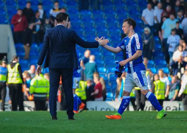 Chesterfield's forward Kristian Dennis (20) is met by Chesterfield's manager Gary Caldwell .

Picture by Stephen Buckley/AHPIX.com. Football, League 1, Chesterfield v Port Vale; 08/04/2017 KO 3.00pm 
Proact stadium; copyright picture; Howard Roe; 07973 739229