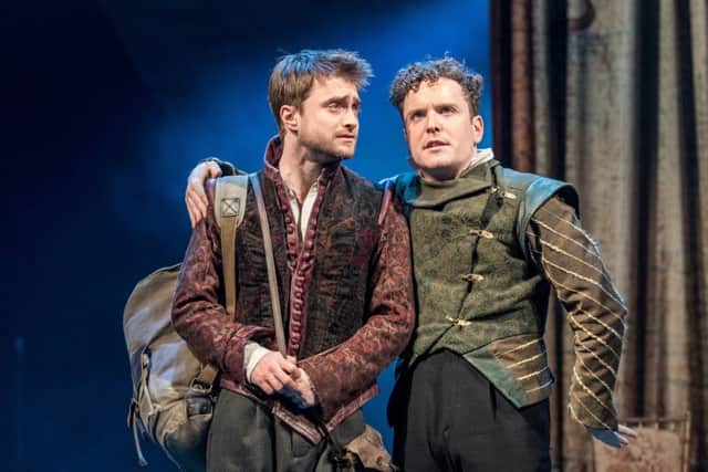 Daniel Radcliffe and Joshua McGuire in NT LIve's Rosencrantz and Guildenstern. Photo by Manuel Harlan