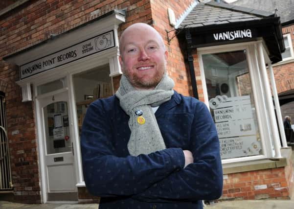Corey Lavender outside his new music shop, Vanishing Point Records, in Theatre Yard, Chesterfield.