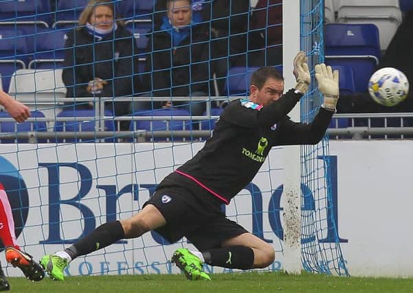 Picture by Gareth Williams/AHPIX.com. Football, Sky Bet League One; 
Bristol Rovers v Chesterfield; 18/03/2017 KO 3.00pm;  
The Memorial Stadium;
copyright picture;Howard Roe/AHPIX.com
Chesterfield keeper Thorsten Stuckmann beats away an effort from Rovers' Rory Gaffney
