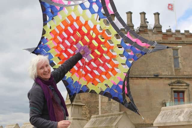 Bolsover Castle kite flying festival, Pauline Taylor of Infinite Kites who is leading the demonstrations and workshops.