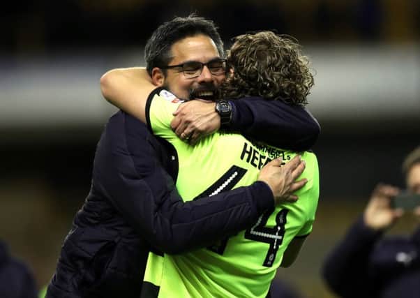 David Wagner celebrates his sides place in the Championship play-off's with Micahel Heffe.
Wolverhampton Wanderers v Huddersfield Town.  SkyBet Championship.  Molineux Stadium.
25 April 2017.  Picture Bruce Rollinson