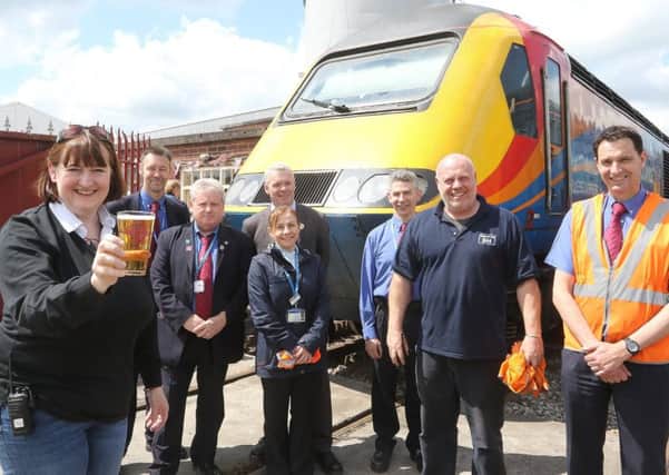 Rail Ale at Barrowhill Roundhouse, Alexa Stott welcomes the East Midlands Trains team that brought a special train of beer enthusists up from London St Pancras