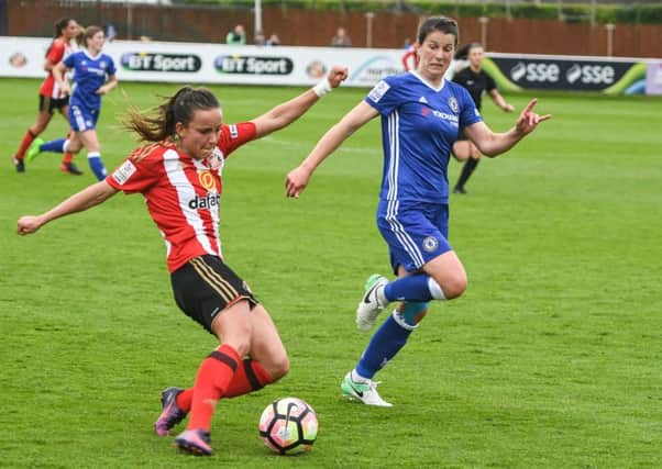 Lucy Staniforth gets the ball forward for Sunderland Ladies against Chelsea at Hetton. Picture by KEVIN BRADY