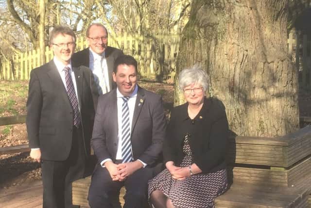 Communities Minister Andrew Percy MP (centre) at Sherwood Forest Visitor Centre for original announcement of Local Growth Fund allocation. With him are (L to R) former Nottinghamshire County Council Leader Alan Rhodes, D2N2 Chair Peter Richardson and former Derbyshire County Council Leader Anne Western.