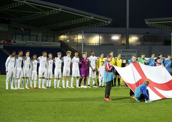 England v Slovenia
The cross of St George is displayed as the national anthemm is sung at Chesterfields Proact Stadium


Picture by Dean Atkins