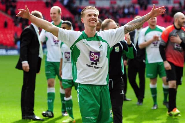 FA Trophy Final at Wembley Stadium.
North Ferriby United v Wrexham.
Ferriby's Sam Topliss celebrates at the end.
29th March 2015.
Picture Jonathan Gawthorpe.