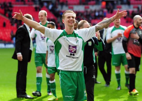 FA Trophy Final at Wembley Stadium.
North Ferriby United v Wrexham.
Ferriby's Sam Topliss celebrates at the end.
29th March 2015.
Picture Jonathan Gawthorpe.