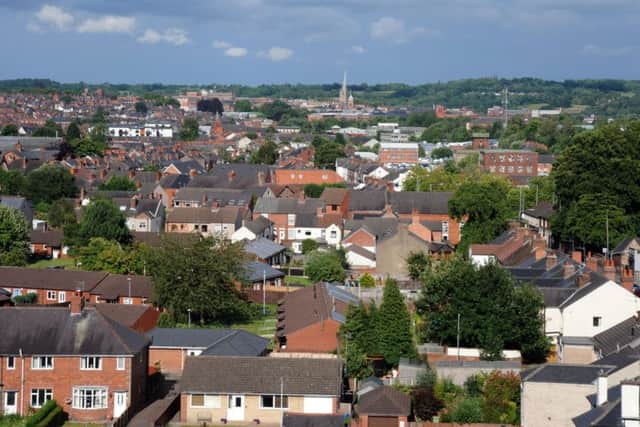 The view looking towards Chesterfield town centre from the tower at St. Thomas Church.