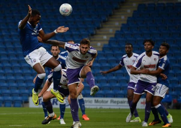 Picture by Howard Roe/AHPIX.com;Football;
Chesterfield Town v Rotherham United  
25/7/2017 KO 7.30pm; ;Proact Stadium
copyright picture;Howard Roe;07973 739229

Chesterfield's  Gozie Ugwu heads at goal