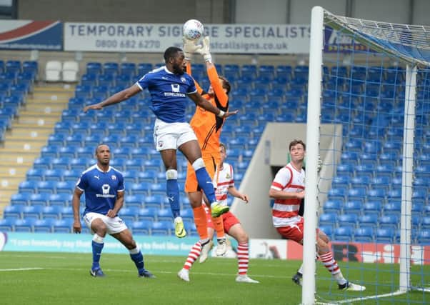 Picture by Howard Roe/AHPIX.com;Football;
Chesterfield Town v Doncaster Rovers  
29/7/2017 KO 3.00pm; ;Proact Stadium
copyright picture;Howard Roe;07973 739229

Chesterfield's Gozie Ugwu puts   Rovers' keeper Marko Marosi