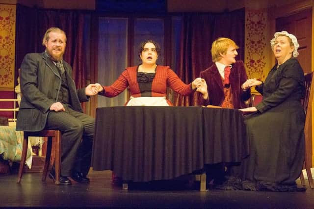 Gabriel Stokes played by Matt Green,  Florence played by Lilly Beards, Tom Beauregard played by James Bryan, Mrs Hinchcliffe played by Helen Preston in Darker Shores at Hasland Playhouse.