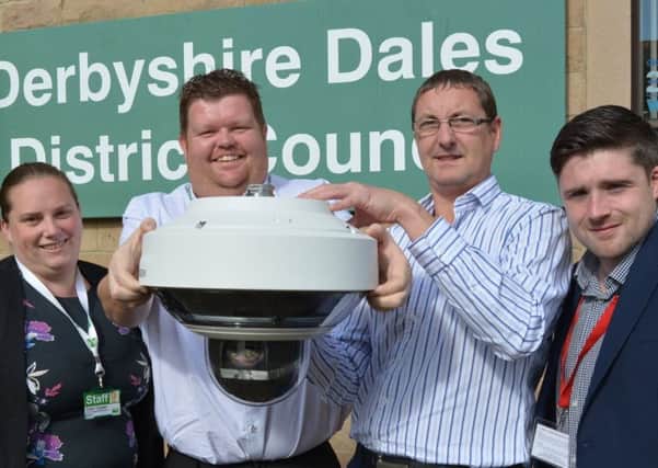 Pictured with one of the new CCTV units are (from left) Derbyshire Dales District Council Community Safety Officers Karen Cooper and Shaun Herrett, with Mark Yeomans and Daniel Cook from CCTV contractor the Mytec Group