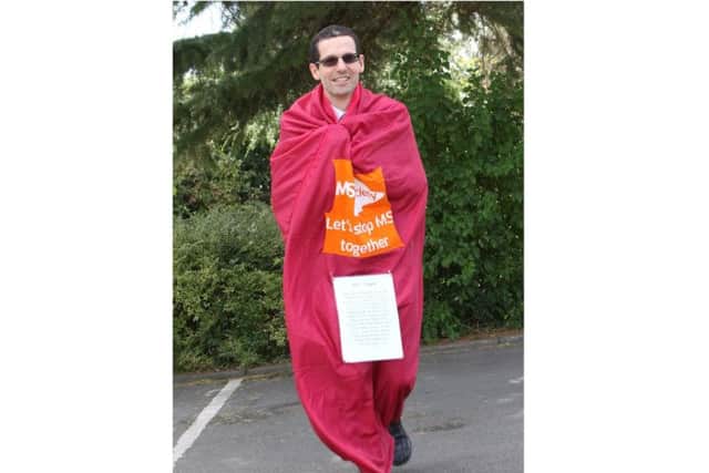 David ran the London Marathon in April in a sleeping bag. Picture by Anne Shelley.