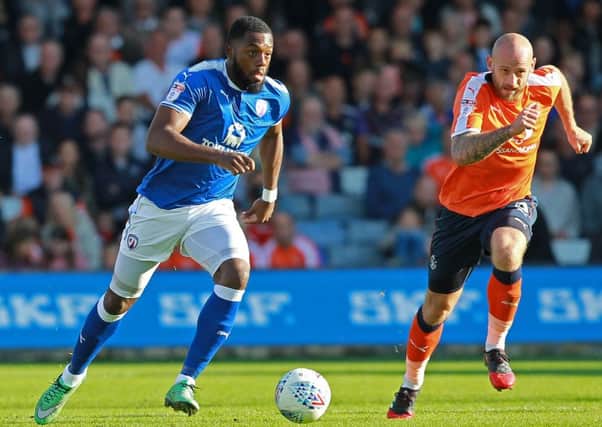Picture by Gareth Williams/AHPIX.com; Football; Sky Bet League Two; Luton Town v Chesterfield; 23/09/2017 KO 15.00; Kenilworth Road; copyright picture; Howard Roe/AHPIX.com; Gozie Ugwu skips away from Luton skipper Scott Cuthbert