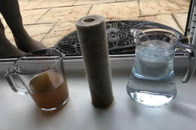 Discolored water (left) compared to normal water (right).