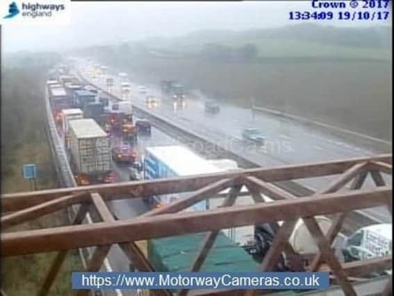 CCTV still from motorwaycameras.co.uk as traffic on the M1 is queing due to an accident