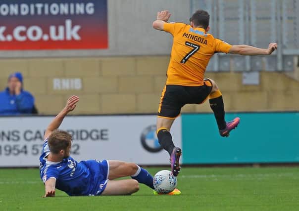 Picture by Gareth Williams/AHPIX.com; Football; Sky Bet League Two; Cambridge United v Chesterfield FC; 21/10/2017 KO 15.00; Cambs Glass Stadium; copyright picture; Howard Roe/AHPIX.com; Scott Wiseman tackles Cambridge's Piero Mingoia