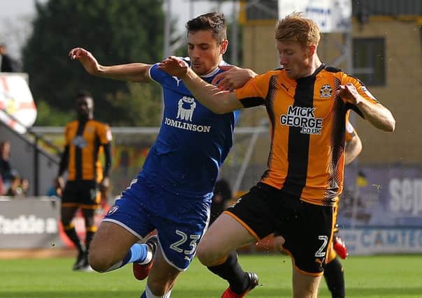 Picture by Gareth Williams/AHPIX.com; Football; Sky Bet League Two; Cambridge United v Chesterfield FC; 21/10/2017 KO 15.00; Cambs Glass Stadium; copyright picture; Howard Roe/AHPIX.com; Chesterfield's Jordan Flores wrestles with United's Brad Halliday
