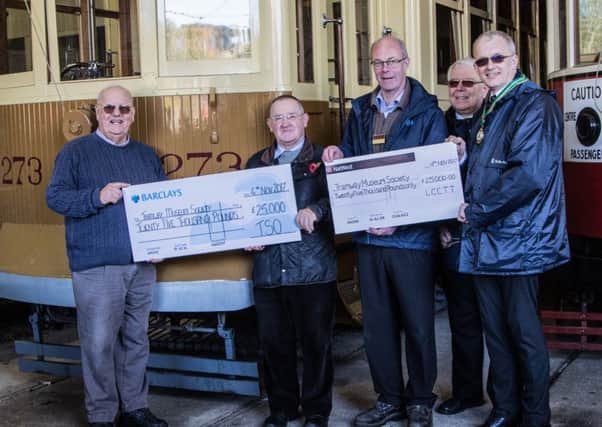 Tramway Museum Society receives cheques from the Tramcar Sponsorship Organisation and the London County Council Tramways Trust.