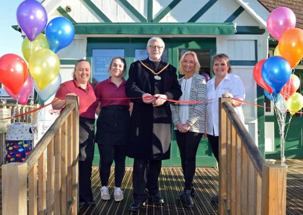 Cafe in the park Matlock Hall Leys Park reopened by the chairman Derbyshire Dales civic council cllr Steve Flitter. L-R Tracey Wibberley aast manager, Alice Fletcher, Cllr Steve Flitter, Kate Lane owner and Melanie Grange manager.