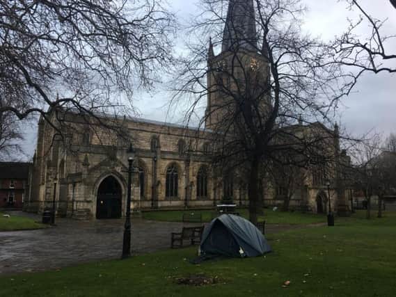 A tent which has appeared at the Crooked Spire church.