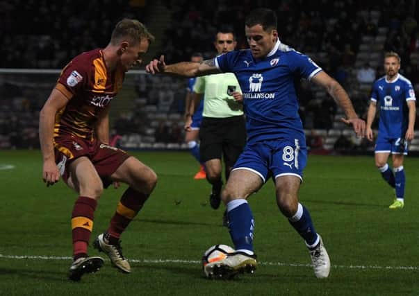 Picture Andrew Roe/AHPIX LTD, Football, The Emirates FA Cup First Round, Bradford City v Chesterfield, Northern Commercials Stadium, 04/11/17, K.O 3pm

Chesterfield's Jordan Sinnott looks to get past Bradford's Luke Hendrie

Andrew Roe>>>>>>>07826527594