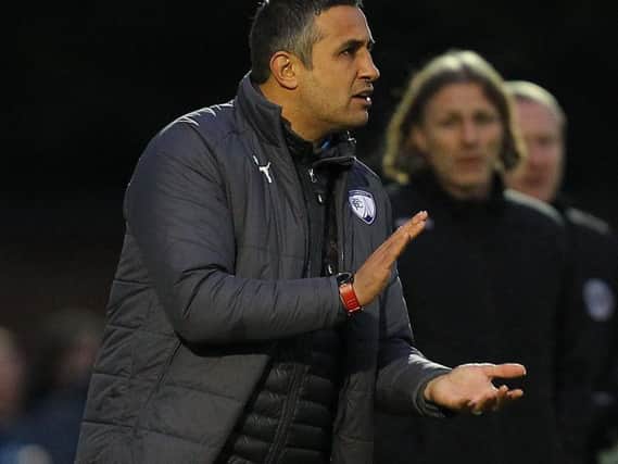 Jack Lester encourages his team at Wycombe. Photo by Gareth Williams.