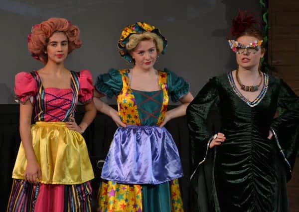 Anastasia (Anastasia Shaw) Drizella (Maisie Finlayson) and the evil stepmother (Miranda Walker-Wood) in Henry Fanshawe School's production of The Princess and the Peabrain.