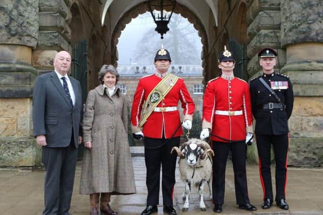Private Derby XXXII is presented to the Mercian Regiment by the Duke and Duchess of Devonshire. He was accepted by Brigadier (Retd) Andrew Williams OBE, colonel of the regiment, with Ram Orderlies Private Lee Bradway and Private Steven Roach. Picture by Jason Chadwick.