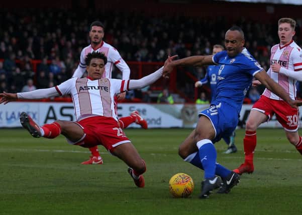 Picture by Gareth Williams/AHPIX.com; Football; Sky Bet League Two; Stevenage FC v Chesterfield FC; 16/12/2017 KO 15.00; Lamex Stadium; copyright picture; Howard Roe/AHPIX.com; CHris O'Grady fires an effort on the Stevenage goal but sees his effort saved by Joe Fryer
