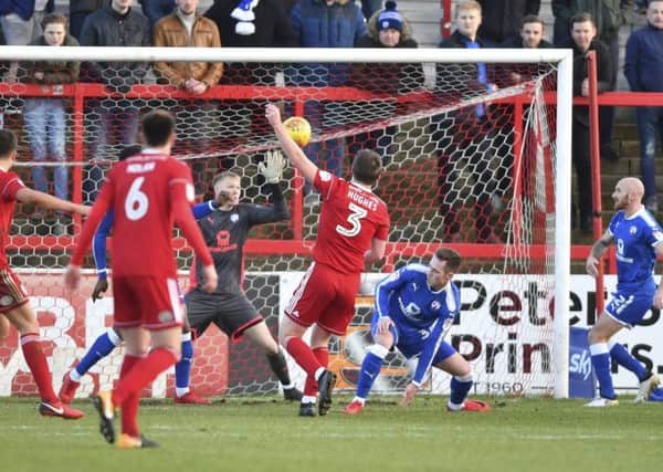 Accrington StanleyÃ¢Â¬"s Mark Hughes drives home the opening goal: Picture by Steve Flynn/AHPIX.com, Football: Skybet League Two match Accrington Stanley -V- Chesterfield at The Wham Stadium, Accrington, Lancashire, England on copyright picture Howard Roe 07973 739229