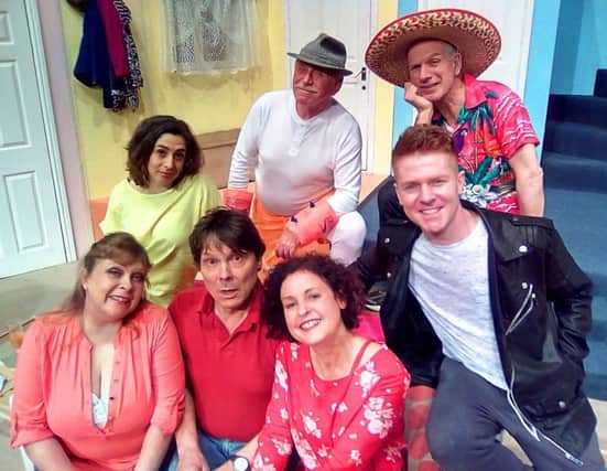 Caught In The Net, presented by Rumpus Theatre Company at the Pomegranate Theatre, Chesterfield. Pictured are: front row -  Susan Earnshaw, John Goodrum, Susie Hawthorne and Chris Sheridan; back row -  Charlotte Chinn, John Lyons and George Telfer.