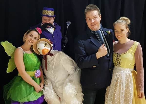 Fairy Fortune (Lyndsey Ashley), Priscilla the Goose (Janet Koszegi), The Squire (Chris Nussey), Colin (Dale Shaw) and Jill (Lianne Brunt) in Bolsover Drama Group's production of Mother Goose.