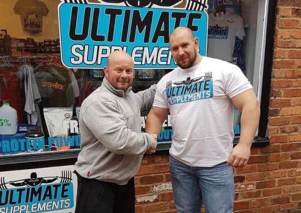 Powerlifter Junior Gelsthorpe with one of his sponsors, Jazz Bee, owner of Ultimate Supplements in Clay Cross.
