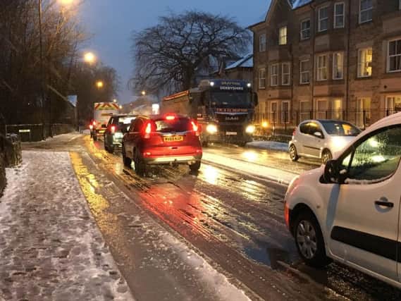 Queuing traffic in Buxton on Friday evening following a day of wintry showers.