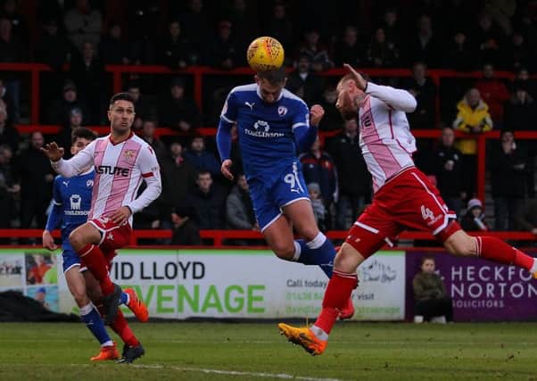 Picture by Gareth Williams/AHPIX.com; Football; Sky Bet League Two; Stevenage FC v Chesterfield FC; 16/12/2017 KO 15.00; Lamex Stadium; copyright picture; Howard Roe/AHPIX.com; Kristian Dennis heads home to pull a goal back at Stevenage
