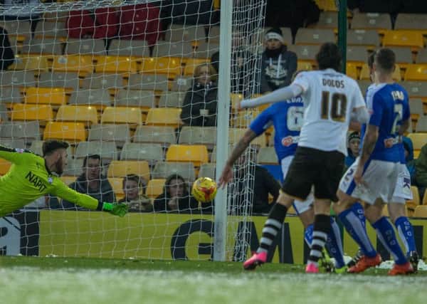 Port Vale vs Chesterfield - Tommy Lee is unable to stop Louis Dodds Shot as Port Vale go into a 3-1 lead - Pic By James Williamson