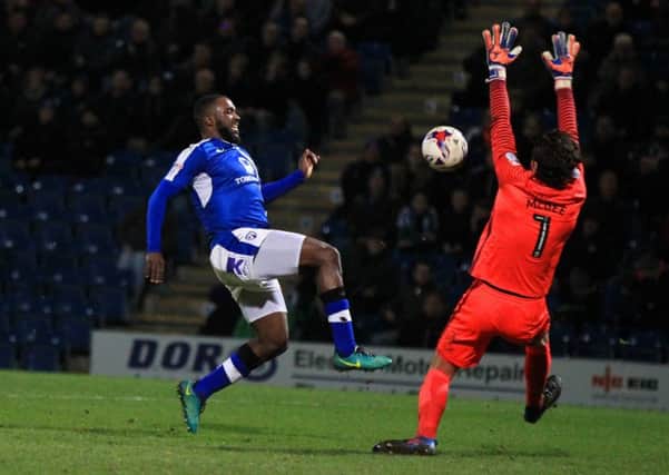 Chesterfield player Sylvan Ebanks-Blake goes close with  shot at goal. Chesterfield v Peterborough - Sky Bet League One on Tuesday March 14th 2017. Picture: Chris Etchells
