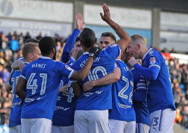 Picture by Gareth Williams/AHPIX.com; Football; Sky Bet League Two; Chesterfield FC v Swindon Town; 24/03/2018 KO 15.00; Proact Stadium; copyright picture; Howard Roe/AHPIX.com; Chesterfield players celebrate with Chris O'Grady after his opener against Swindon