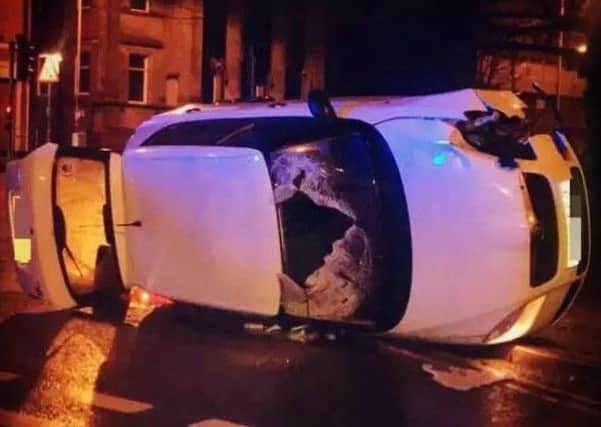 Pictured is the badly-damaged car which drink-driver Michal Mogilka, 31, of Flamsteed Crescent, Stonegravels, Chesterfield, crashed at the Donut roundabout, in Chesterfield.