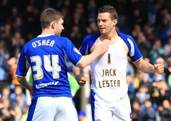 Marc Richards celebrates his goal against Exeter with a t-shirt in honour of Jack Lester by Tina Jenner Chesterfield v Exeter City