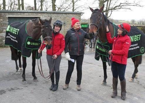Trainer Jessica Harrington (centre) shows off her two Timico Cheltenham Gold Cup hopes, last year's winner Sizing John (left) and Our Duke.