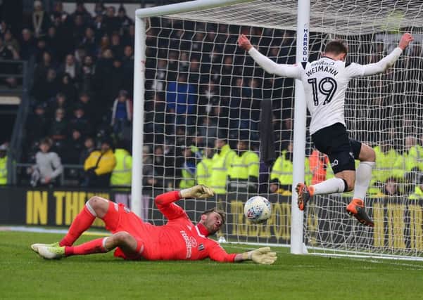 Picture by Howard Roe/AHPIX.com;Football; SkyBet; Championship;
Derby County v Fulham;
03/3/2017 KO 3.00pm; Pride Park
copyright picture ;Howard Roe;07973 739229

County's Andreas Weimann tries to level the score going one on one Fulham's keeper Marcus Bettinelli