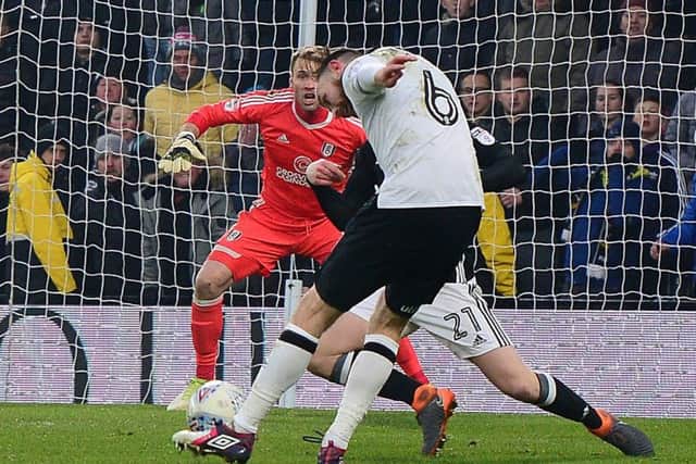 Picture by Howard Roe/AHPIX.com;Football; SkyBet; Championship;
Derby County v Fulham;
03/3/2017 KO 3.00pm; Pride Park
copyright picture ;Howard Roe;07973 739229
  County's Richard Keogh tries to level the score