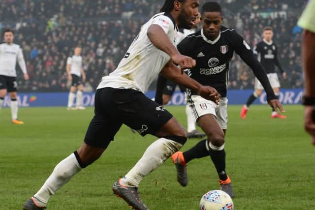 Picture by Howard Roe/AHPIX.com;Football; SkyBet; Championship;
Derby County v Fulham;
03/3/2017 KO 3.00pm; Pride Park
copyright picture ;Howard Roe;07973 739229

  County's Cameron Jerome drives at goal