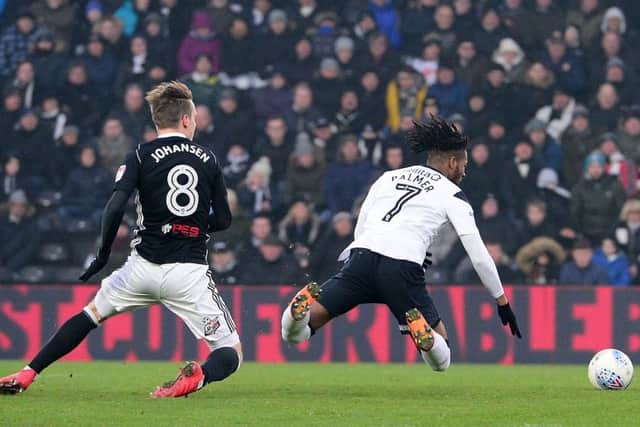 Picture by Howard Roe/AHPIX.com;Football; SkyBet; Championship;
Derby County v Fulham;
03/3/2017 KO 3.00pm; Pride Park
copyright picture ;Howard Roe;07973 739229

  County's Kasey Palmer is brought down by Fulhams Stefan Johnansen