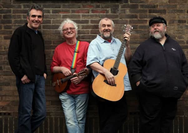 The Pitmen Poets, left to right, Jez Lowe, Billy Mitchell, Bob Fox and Benny Graham. Photo by Paul Norris.