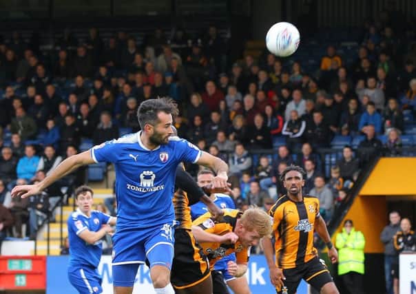 Picture by Gareth Williams/AHPIX.com; Football; Sky Bet League Two; Cambridge United v Chesterfield FC; 21/10/2017 KO 15.00; Cambs Glass Stadium; copyright picture; Howard Roe/AHPIX.com; Sam Hird gets his head to a corner
